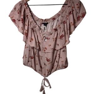 AMERICAN EAGLE CROP TOP WOMEN'S TAUPE RUFFLED DRAWSTRING SHIRT SIZE LARGE NEW